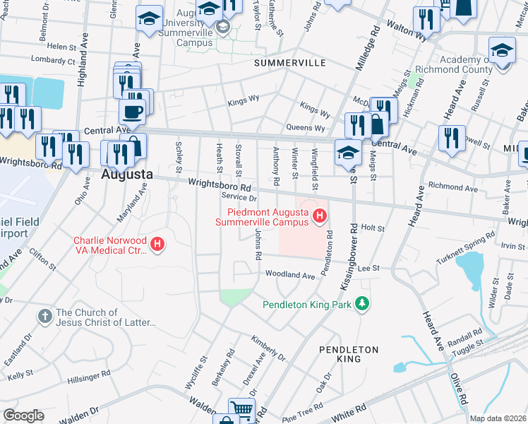 map of restaurants, bars, coffee shops, grocery stores, and more near 1520 Johns Road in Augusta