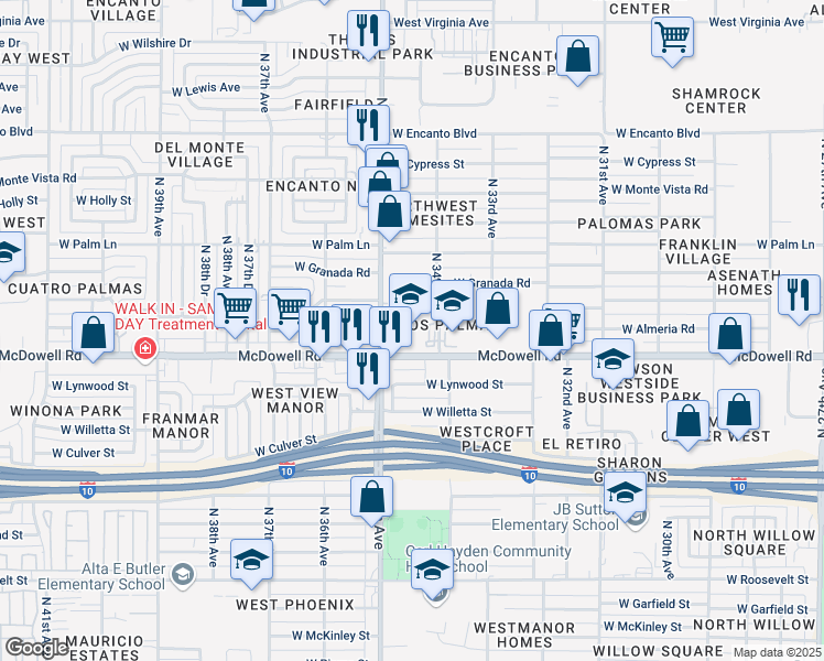 map of restaurants, bars, coffee shops, grocery stores, and more near 3402 West McDowell Road in Phoenix
