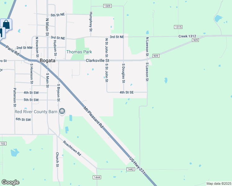 map of restaurants, bars, coffee shops, grocery stores, and more near 639 4th Street Southeast in Bogata