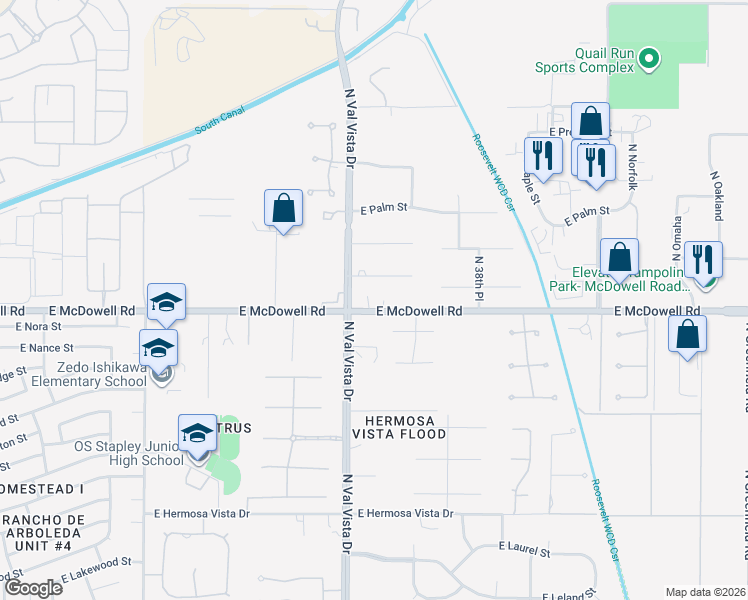 map of restaurants, bars, coffee shops, grocery stores, and more near 3650 East McDowell Road in Mesa