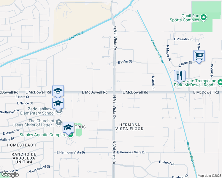map of restaurants, bars, coffee shops, grocery stores, and more near 3558 East McDowell Road in Mesa