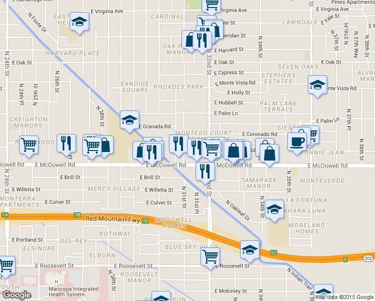 map of restaurants, bars, coffee shops, grocery stores, and more near 1611 North 31st Street in Phoenix