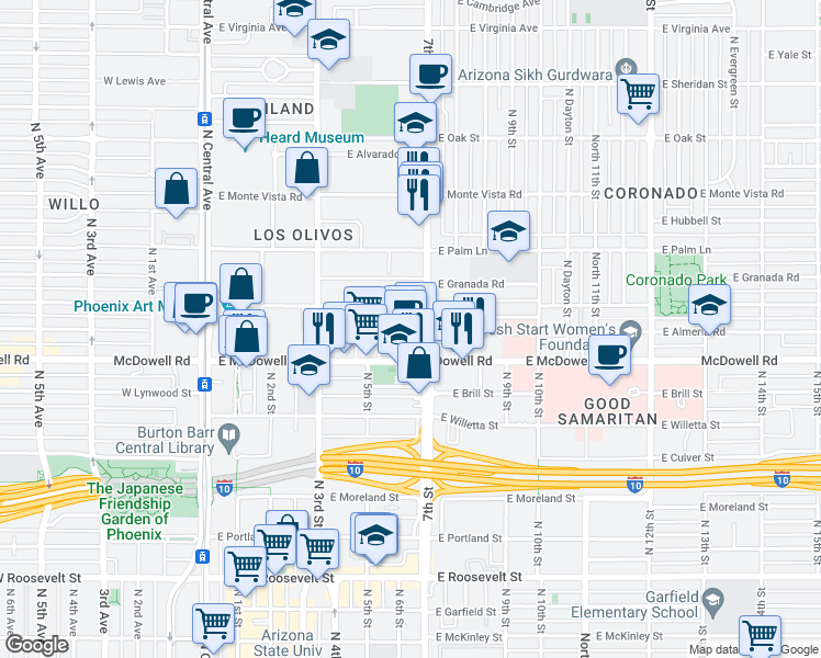 map of restaurants, bars, coffee shops, grocery stores, and more near 365 East Coronado Road in Phoenix