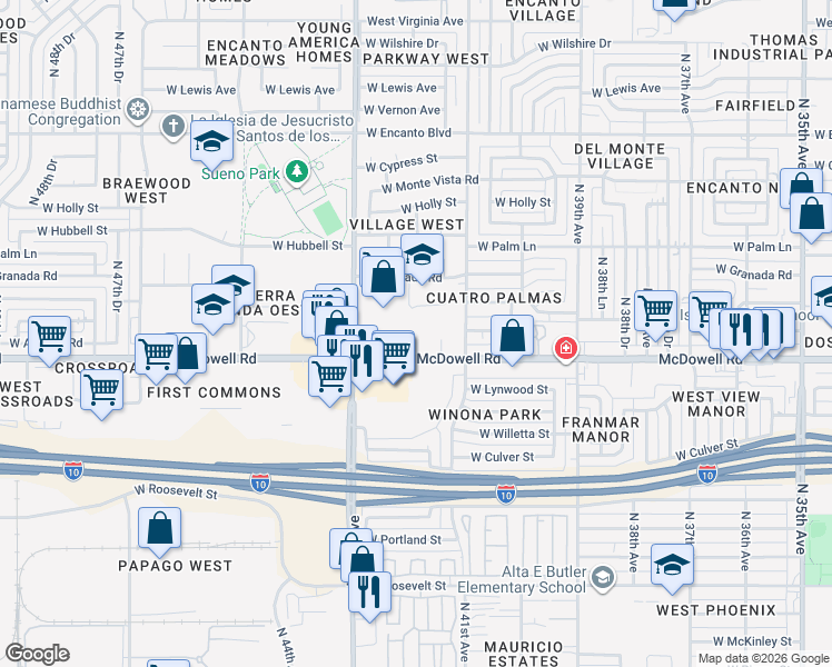 map of restaurants, bars, coffee shops, grocery stores, and more near 1700 North 41st Avenue in Phoenix