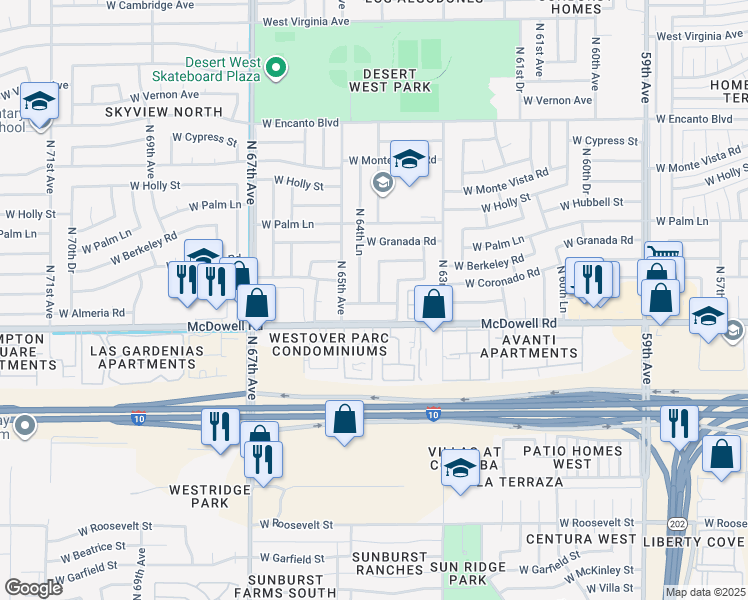 map of restaurants, bars, coffee shops, grocery stores, and more near 6433 West Almeria Road in Phoenix