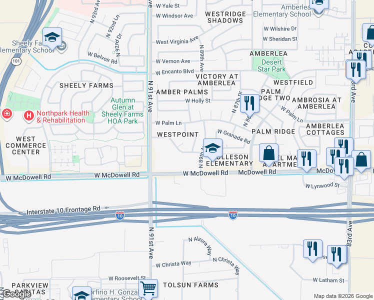 map of restaurants, bars, coffee shops, grocery stores, and more near 9007 West Coronado Road in Phoenix