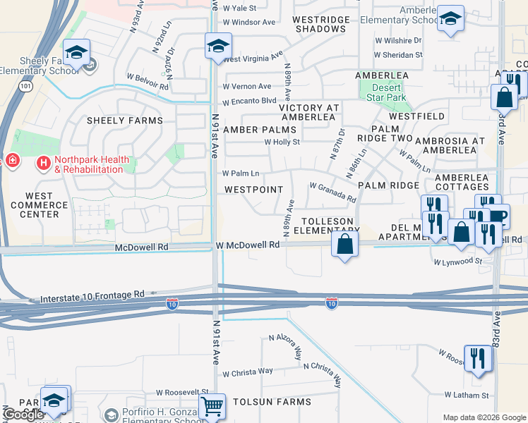 map of restaurants, bars, coffee shops, grocery stores, and more near 9007 West Coronado Road in Phoenix