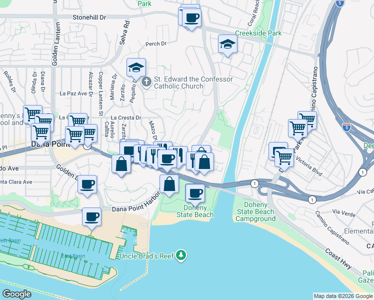 map of restaurants, bars, coffee shops, grocery stores, and more near 34271 Del Obispo Street in Dana Point