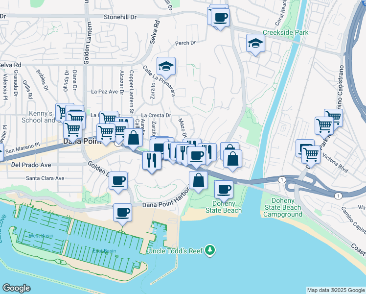 map of restaurants, bars, coffee shops, grocery stores, and more near 34172 Crystal Lantern in Dana Point