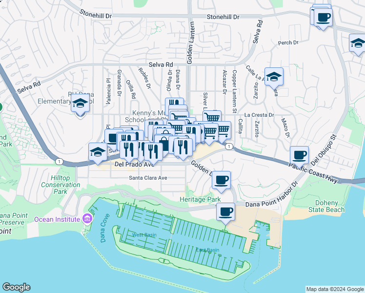 map of restaurants, bars, coffee shops, grocery stores, and more near 34171 East Pacific Coast Highway in Dana Point