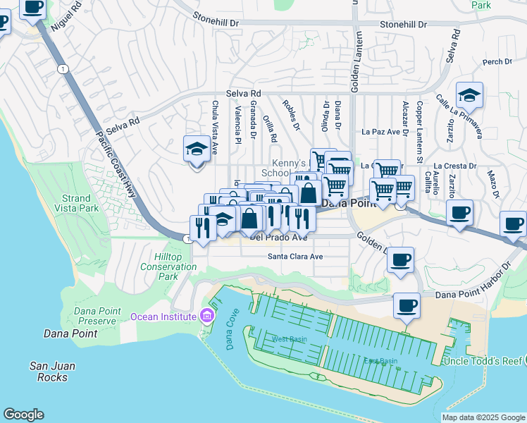 map of restaurants, bars, coffee shops, grocery stores, and more near 34122 South Coast Highway in Dana Point