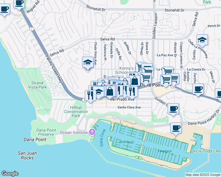 map of restaurants, bars, coffee shops, grocery stores, and more near 34122 South Coast Highway in Dana Point