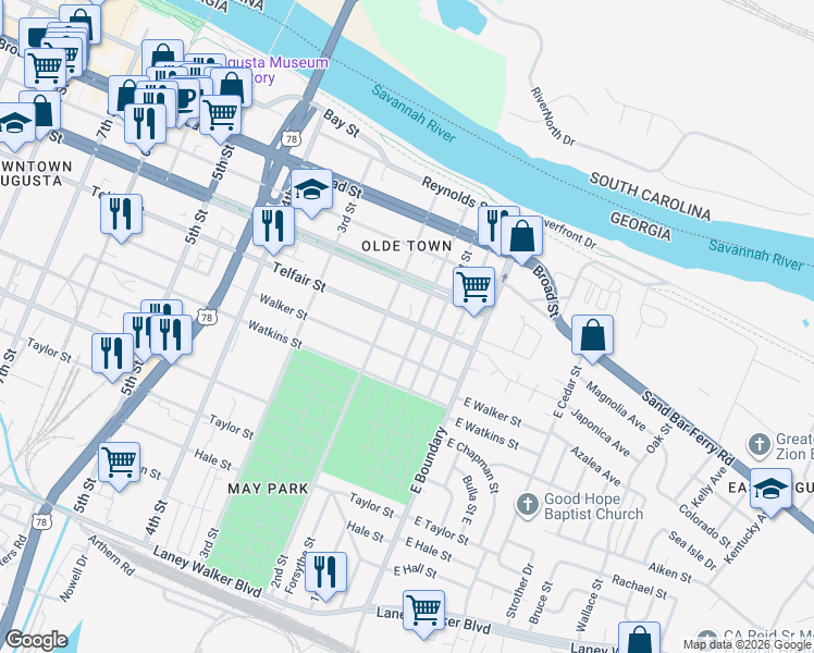 map of restaurants, bars, coffee shops, grocery stores, and more near 134 Telfair Street in Augusta
