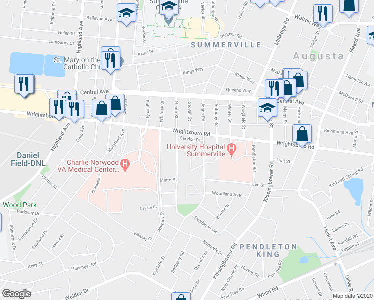 map of restaurants, bars, coffee shops, grocery stores, and more near 1522 Stovall Street in Augusta