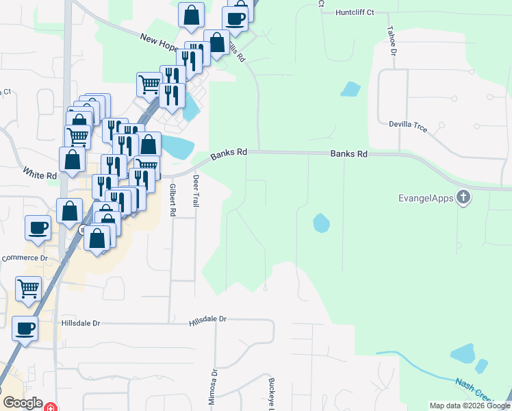 map of restaurants, bars, coffee shops, grocery stores, and more near 134 Hidden Valley Road in Fayetteville