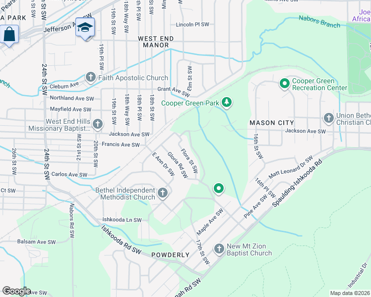 map of restaurants, bars, coffee shops, grocery stores, and more near 216 Flora Street Southwest in Birmingham