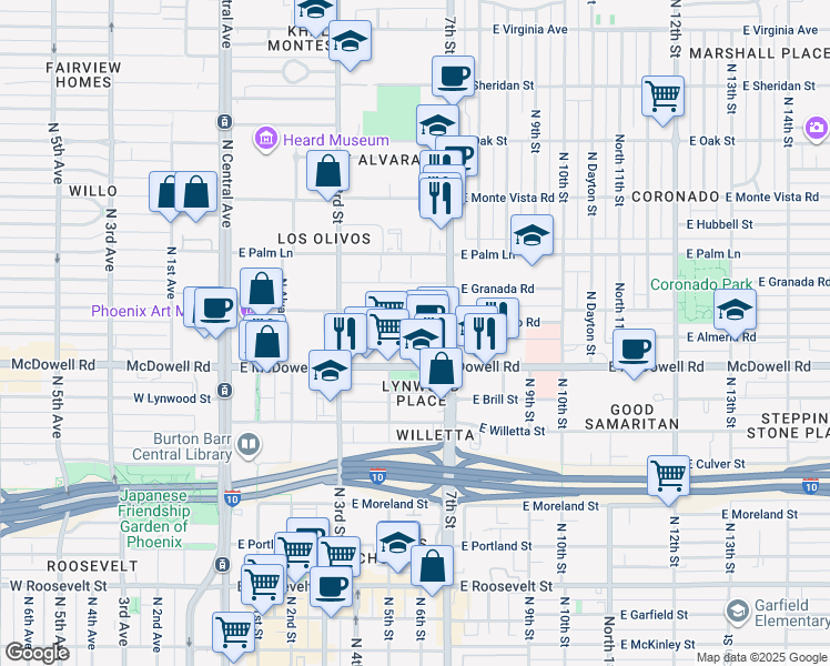 map of restaurants, bars, coffee shops, grocery stores, and more near 365 East Coronado Road in Phoenix