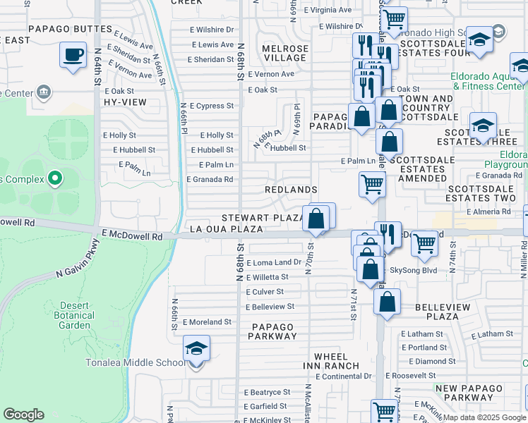 map of restaurants, bars, coffee shops, grocery stores, and more near 6850 East McDowell Road in Scottsdale