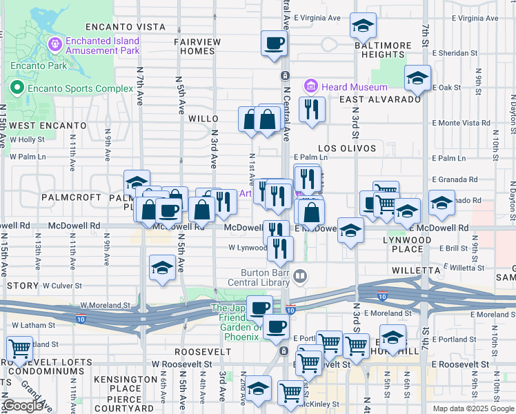 map of restaurants, bars, coffee shops, grocery stores, and more near 1701 North 1st Avenue in Phoenix