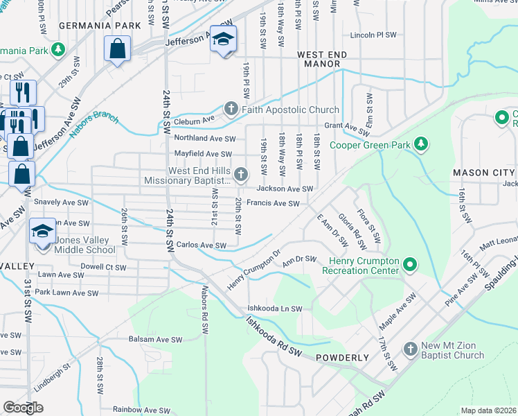 map of restaurants, bars, coffee shops, grocery stores, and more near 1881 Francis Avenue Southwest in Birmingham