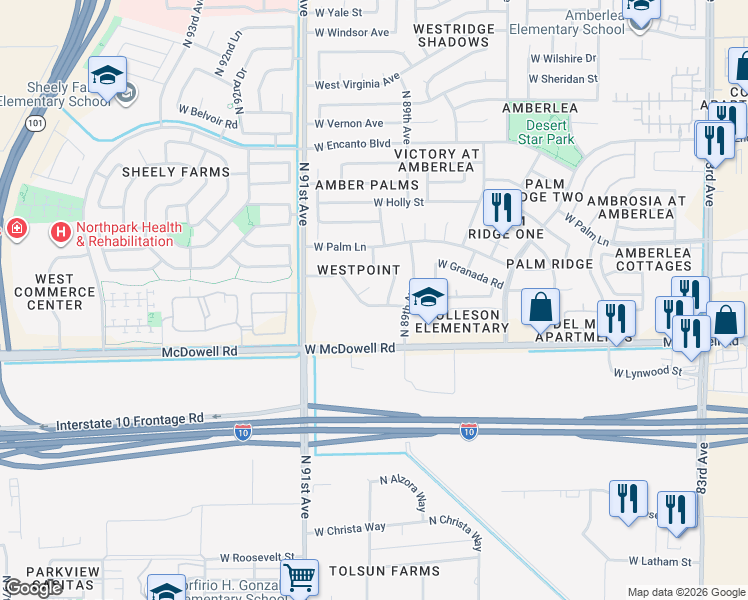map of restaurants, bars, coffee shops, grocery stores, and more near 9007 West Coronado Road in Phoenix