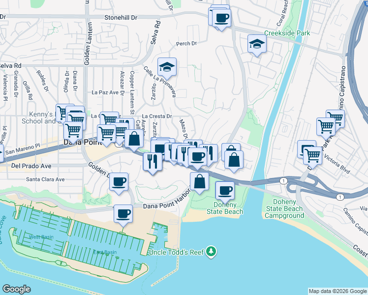 map of restaurants, bars, coffee shops, grocery stores, and more near 34172 Crystal Lantern in Dana Point