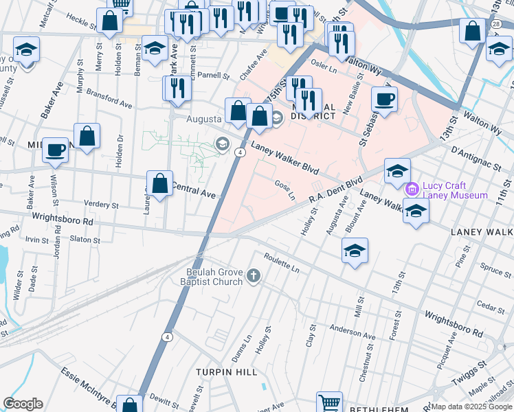 map of restaurants, bars, coffee shops, grocery stores, and more near 1430 John Wesley Gilbert Drive in Augusta