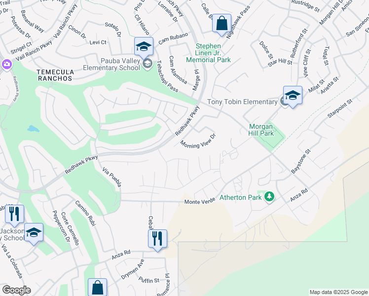 map of restaurants, bars, coffee shops, grocery stores, and more near 33261 Morning View Drive in Temecula