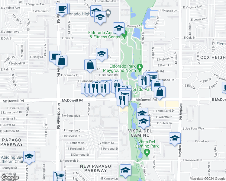 map of restaurants, bars, coffee shops, grocery stores, and more near North 75th Place in Scottsdale