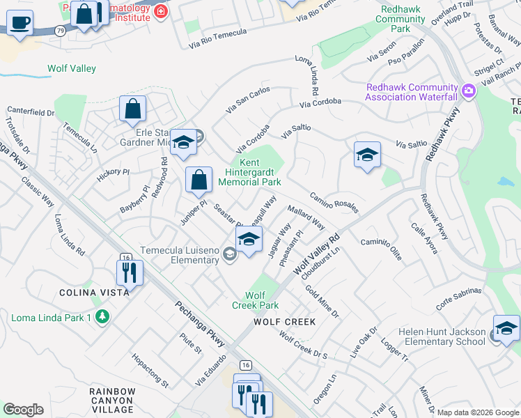 map of restaurants, bars, coffee shops, grocery stores, and more near 45511 Seagull Way in Temecula