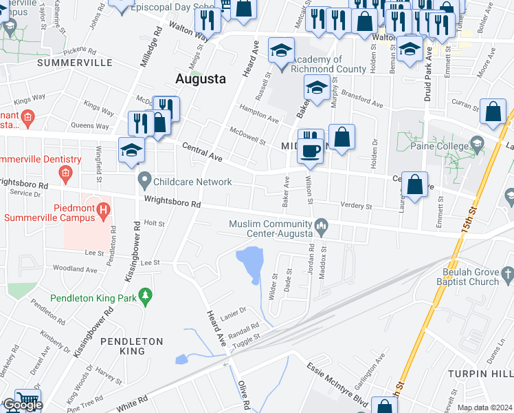 map of restaurants, bars, coffee shops, grocery stores, and more near 1929 Wrightsboro Road in Augusta