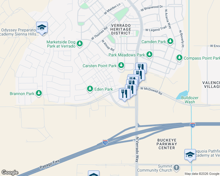 map of restaurants, bars, coffee shops, grocery stores, and more near 20825 West McDowell Road in Buckeye