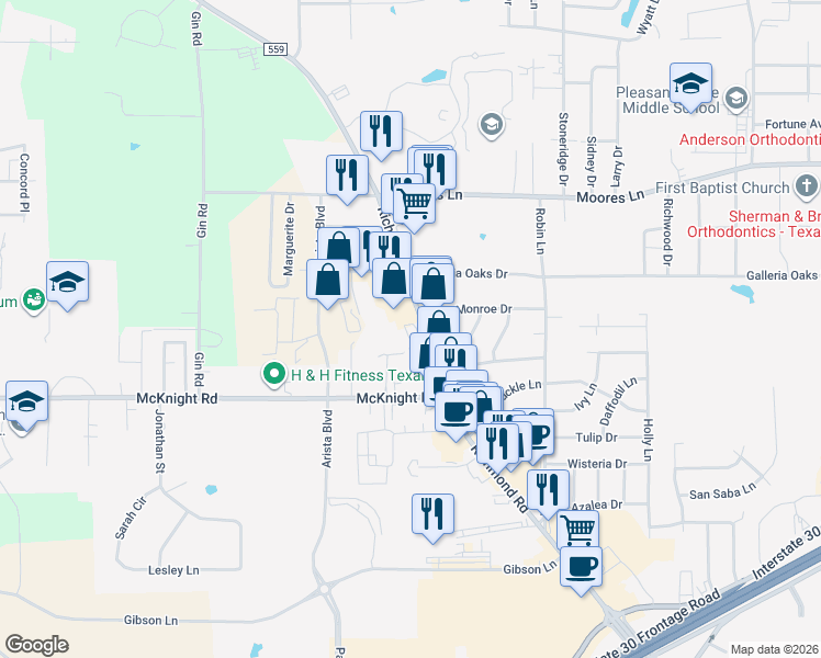 map of restaurants, bars, coffee shops, grocery stores, and more near 3325 Richmond Road in Texarkana