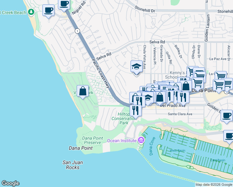 map of restaurants, bars, coffee shops, grocery stores, and more near 43 Palm Beach Court in Dana Point