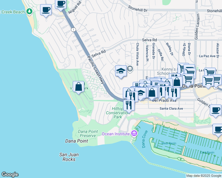 map of restaurants, bars, coffee shops, grocery stores, and more near 43 Palm Beach Court in Dana Point