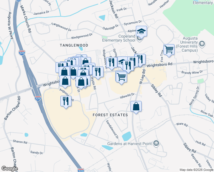 map of restaurants, bars, coffee shops, grocery stores, and more near C & South Drive in Augusta