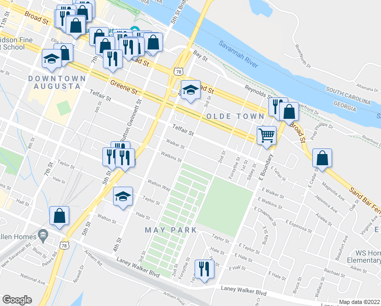 map of restaurants, bars, coffee shops, grocery stores, and more near 262 Walker Street in Augusta
