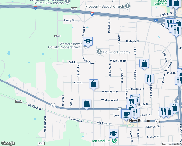 map of restaurants, bars, coffee shops, grocery stores, and more near 506 North Bowie Street in New Boston