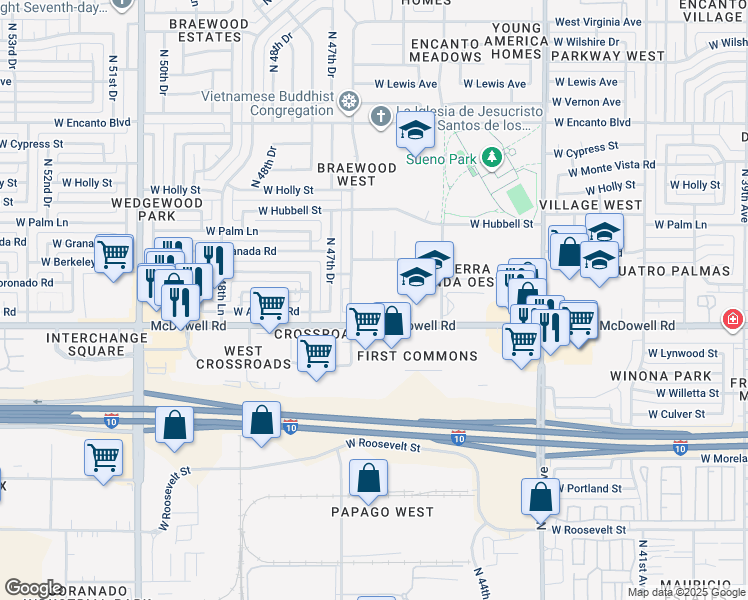 map of restaurants, bars, coffee shops, grocery stores, and more near 4620 West McDowell Road in Phoenix