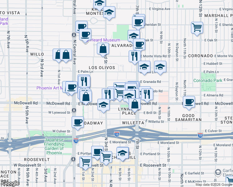 map of restaurants, bars, coffee shops, grocery stores, and more near 326 East McDowell Road in Phoenix