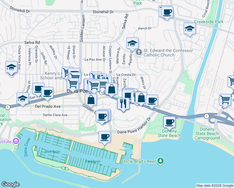 map of restaurants, bars, coffee shops, grocery stores, and more near 34135 Moongate Court in Dana Point