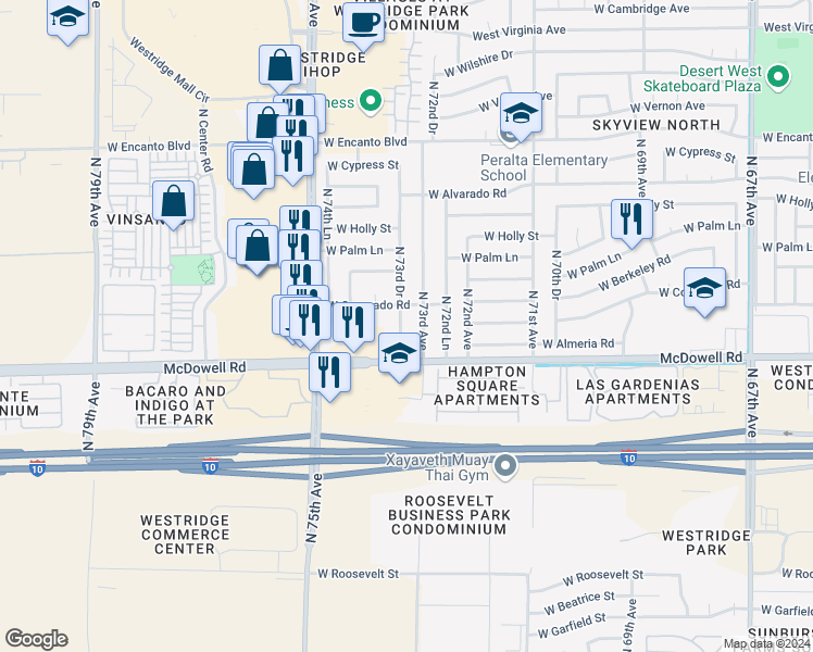 map of restaurants, bars, coffee shops, grocery stores, and more near 1629 North 73rd Drive in Phoenix
