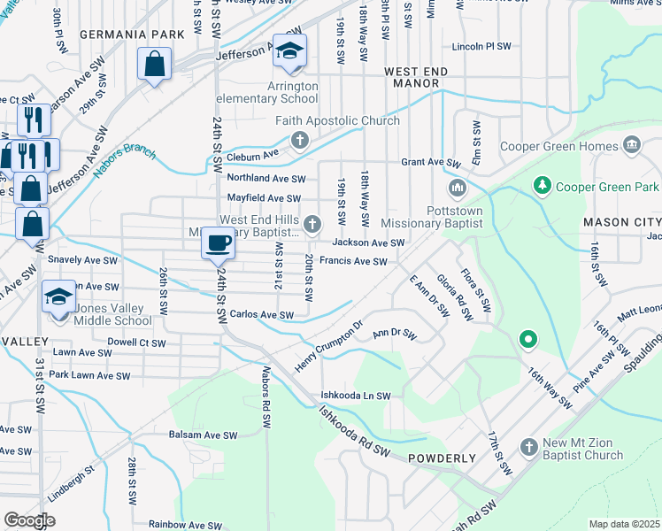 map of restaurants, bars, coffee shops, grocery stores, and more near 1913 Francis Avenue Southwest in Birmingham