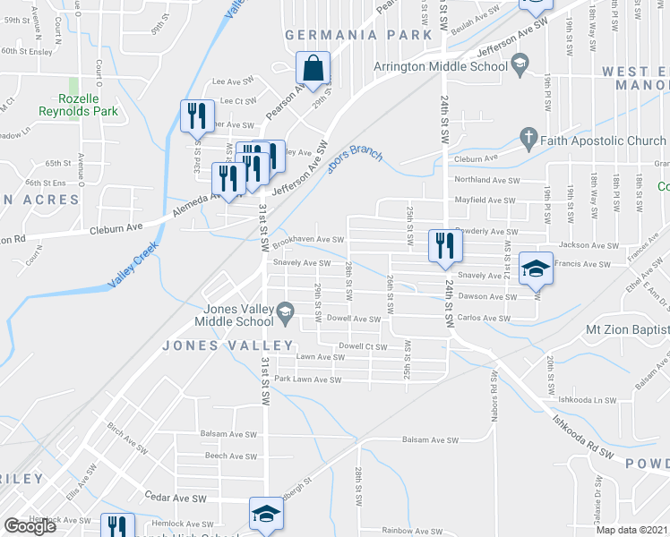 map of restaurants, bars, coffee shops, grocery stores, and more near 2813 Snavely Avenue Southwest in Birmingham