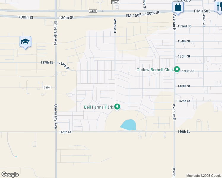 map of restaurants, bars, coffee shops, grocery stores, and more near 2103 139th Street in Lubbock