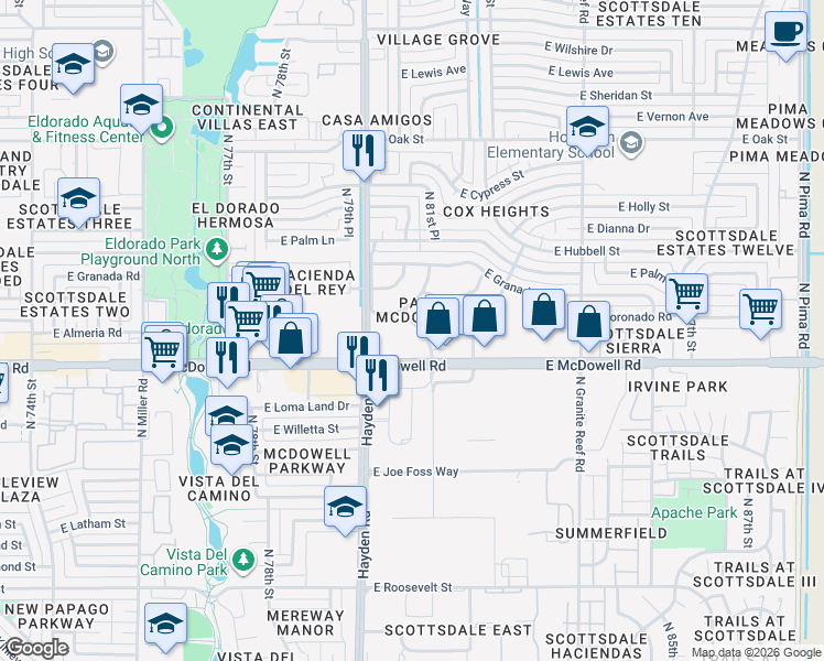 map of restaurants, bars, coffee shops, grocery stores, and more near 8034 East Almeria Road in Scottsdale
