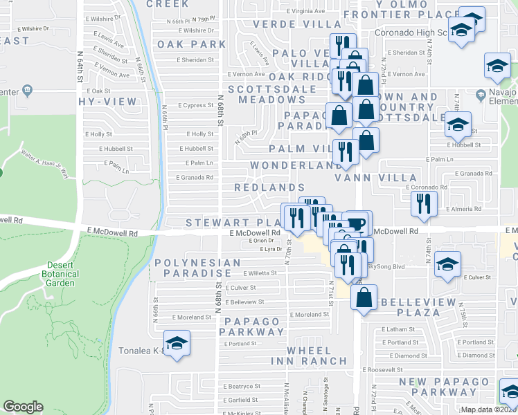 map of restaurants, bars, coffee shops, grocery stores, and more near 6850 East McDowell Road in Scottsdale