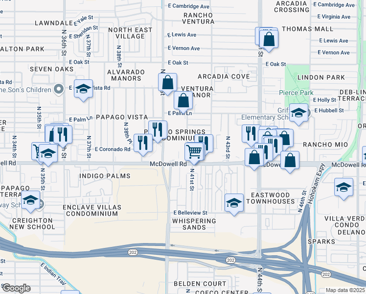 map of restaurants, bars, coffee shops, grocery stores, and more near 1625 North 40th Street in Phoenix