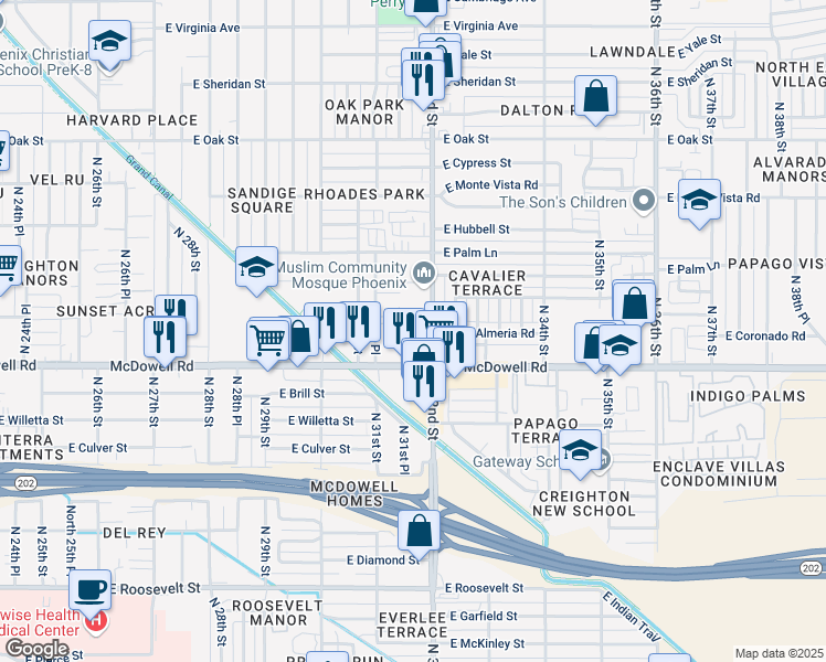 map of restaurants, bars, coffee shops, grocery stores, and more near 1619 North 31st Place in Phoenix