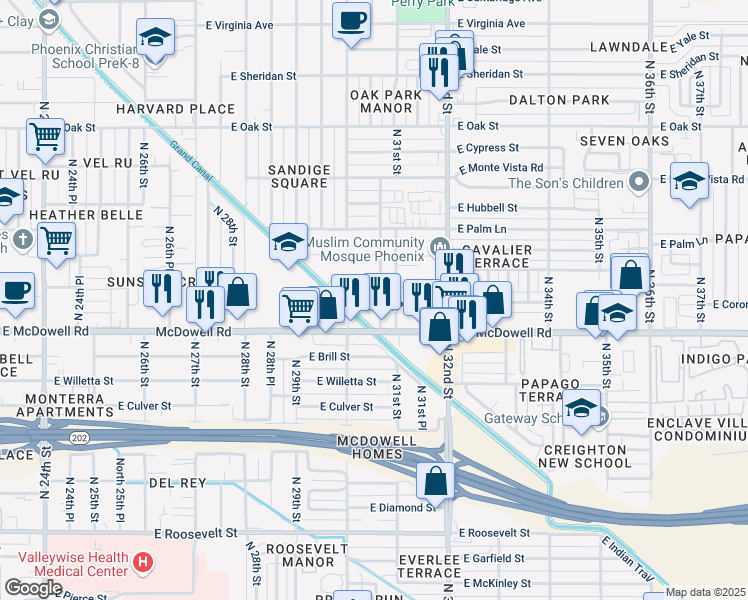 map of restaurants, bars, coffee shops, grocery stores, and more near 1611 North 31st Street in Phoenix